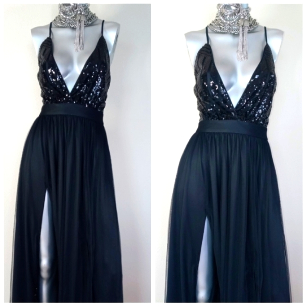 Black Sophisticated Cocktail Party Grunge Fairy Core Sequin Top Maxi Dress - Picture 10 of 16